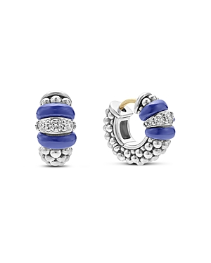 Shop Lagos Blue Caviar Ceramic And Diamond Huggie Earrings In Sterling Silver In Blue/silver