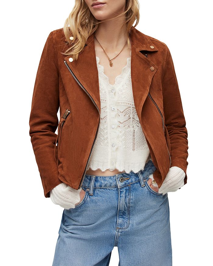 Allsaints Morgan Convertible Suede Biker Jacket In Deep Tan Brown
