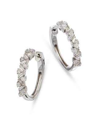 Bloomingdale's Fine Collection - Diamond Round & Baguette Cluster Hoop Earrings in 14K White Gold, 0.96 tcw
