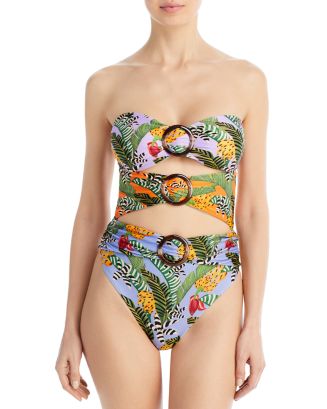 FARM Rio Striped Banana Print Cutout Bandeau One Piece Swimsuit