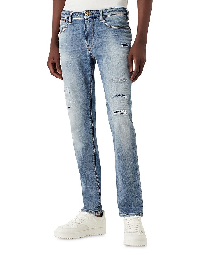 Emporio Armani Slim Fit Distressed Jeans in Solid Dark | Bloomingdale's