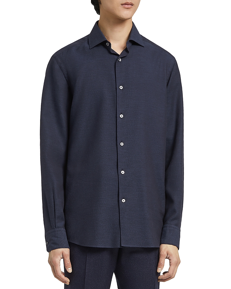 Zegna Button-down Collar Brushed Cotton-twill Shirt In Dark Blue