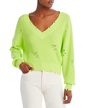 Ser.o.ya Syd Distressed Cotton V Neck Sweater In Lime