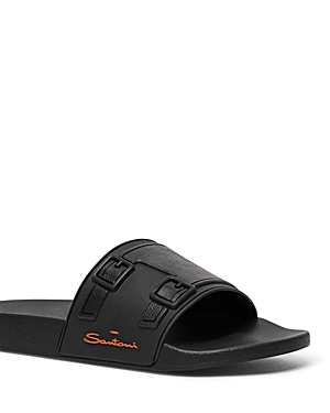 Santoni Men's Edison Rubber Double Buckle Style Slides In Black