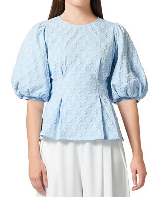 Gracia - Flower Embossed Puff Sleeve Top