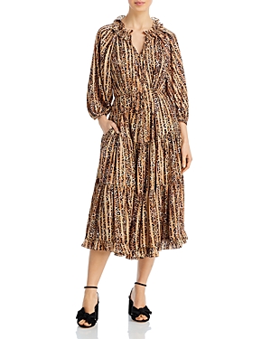 Kobi Halperin Whistler Ruffled Animal Print Midi Dress In Natural Multi