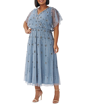 Adrianna Papell Plus Floral Embellished Midi Dress In Vintage Blue