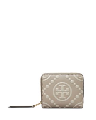 T Monogram Contrast Embossed Zip Slim Wallet