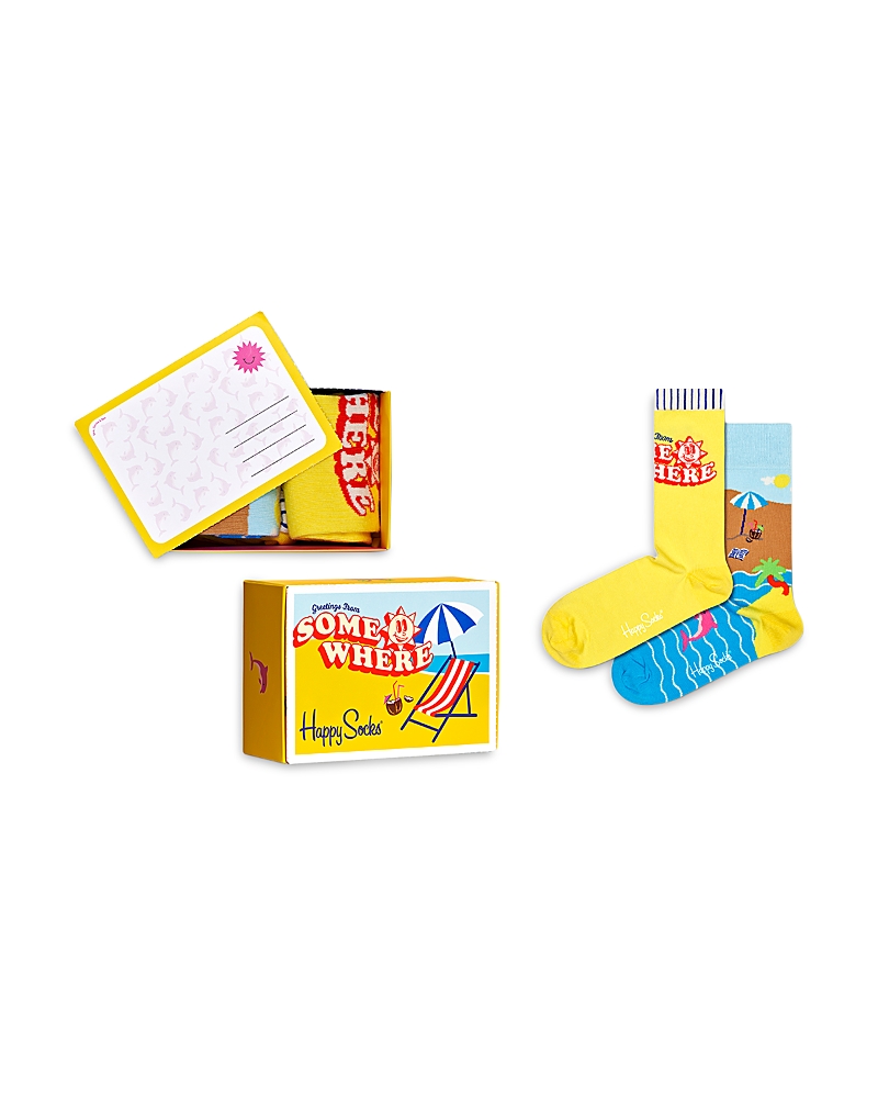 Happy Socks Wish U Were Here Cotton Blend Crew Socks Gift Box, Pack Of 2 In Yellow