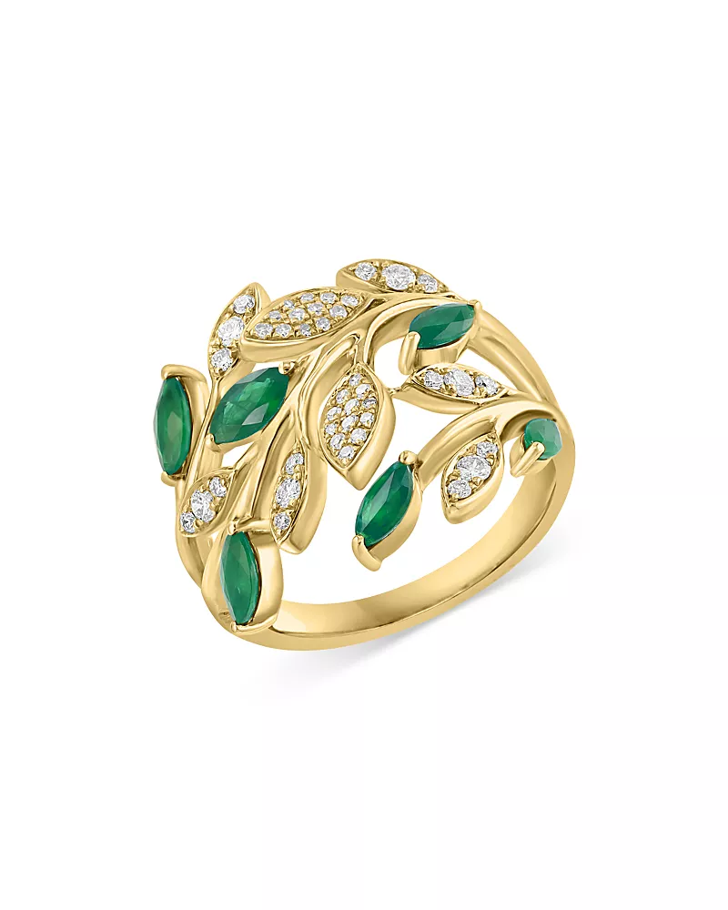 Bloomingdale's Fine Collection Emerald & Diamond Leaf Ring in 14K Yellow Gold