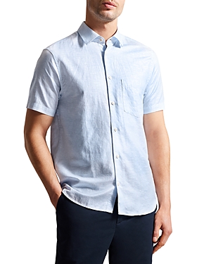 Shop Ted Baker Kingfrd Linen & Cotton Short Sleeve Shirt In Light Blue
