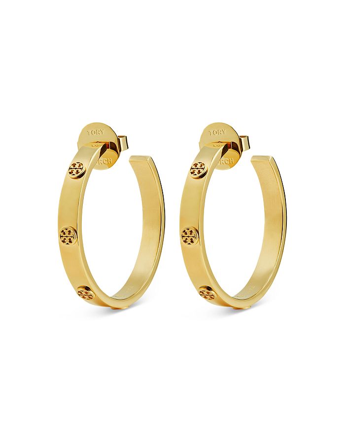 Tory Burch - Miller Insignia Studded Hoop Earrings in Gold Tone Stainless Steel