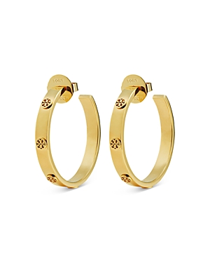 Shop Tory Burch Miller Insignia Studded Hoop Earrings In Gold Tone Stainless Steel