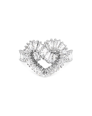 Swarovski Matrix Baguette Crystal Woven Heart Cocktail Ring in Rhodium Plated
