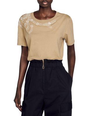 Sandro Stras Beaded T-shirt In Olive Green | ModeSens