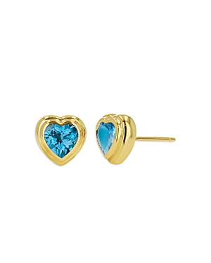 14K Yellow Gold Blue Topaz Heart Stud Earrings