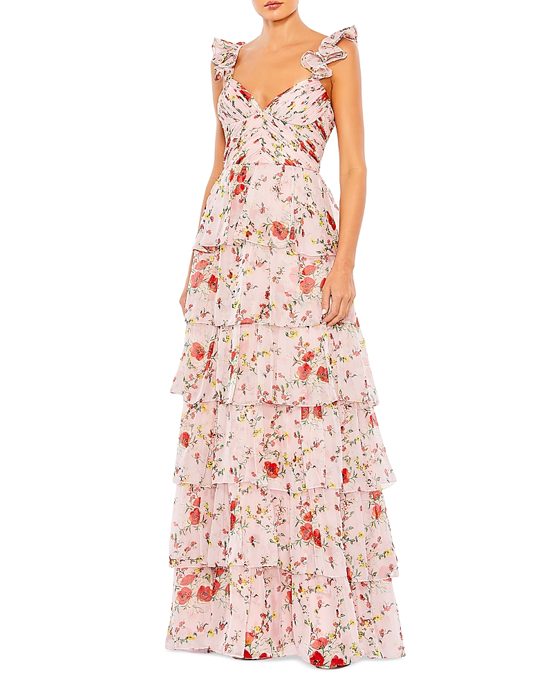 Mac Duggal Floral Print Tiered Empire Gown In Pink Multi