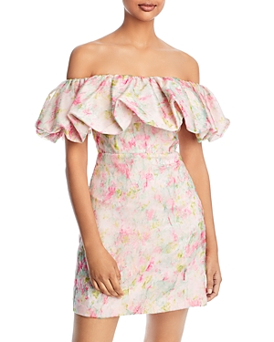 ml Monique Lhuillier Bubble Ruffle Off The Shoulder Mini Dress In Baby's Breath Bouquet