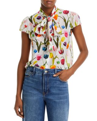 Alice and Olivia Jeannie Tulip Print Tie Neck Blouse