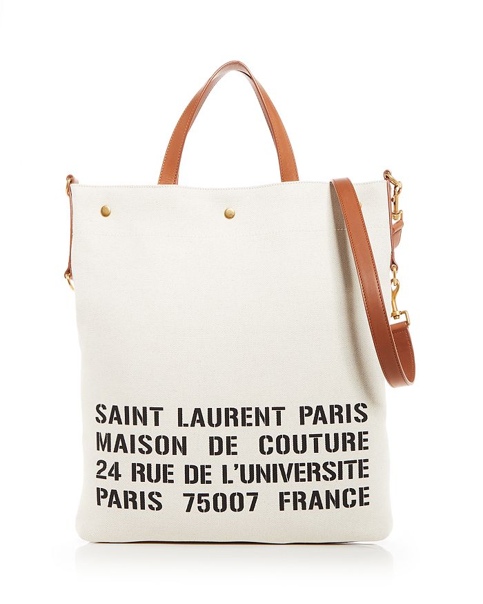 Saint Laurent Monogram Tag Canvas and Brown Leather Trim Hobo Bag 