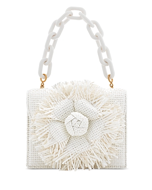 Shop Oscar De La Renta Tro Woven Raffia Fringe Flower Mini Bag In White Multi/gold