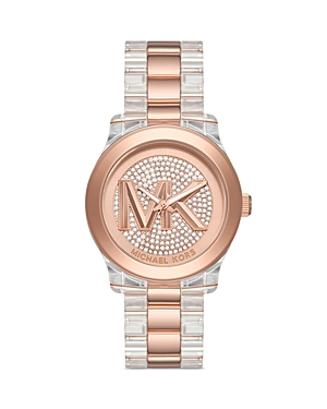 Michael Kors Women's Runway Quartz Three-hand Clear Castor Oil And Rose Gold-tone Stainless Steel Watch 38mm In Pink/silver