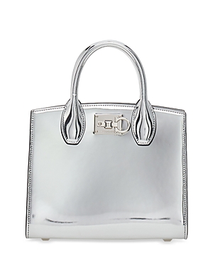 Ferragamo Studio Box Mini Leather Top Handle Bag In Argento/silver
