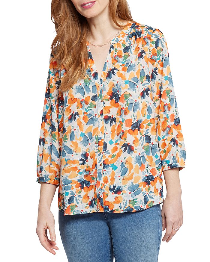 Nydj Three Quarter Sleeve Printed Pintucked Back Blouse In Cottage Pond