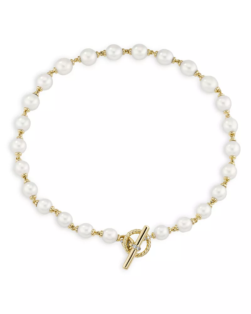 David Yurman Cultured Freshwater Pearl Linked Necklace in 18K Yellow Gold with Diamonds, 18