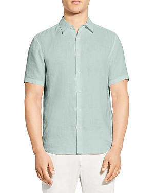 Shop Theory Irving Short Sleeve Linen Shirt In Blue Surf