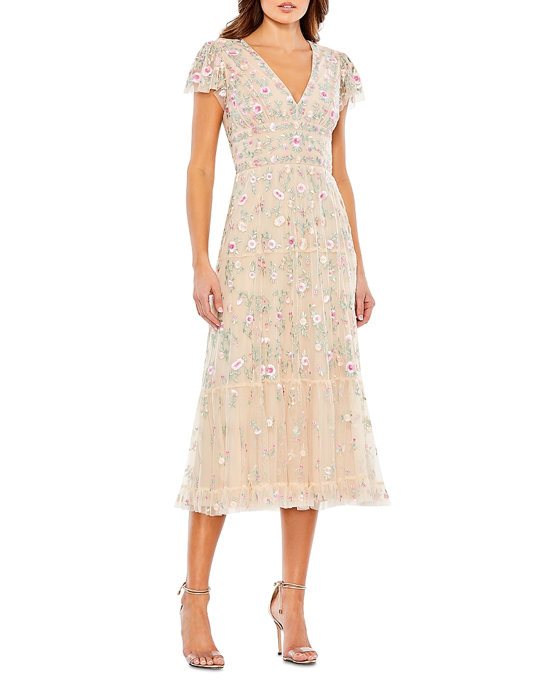 Mac Duggal Embroidered V Neck Cap Sleeve Midi Dress In Nude Multi