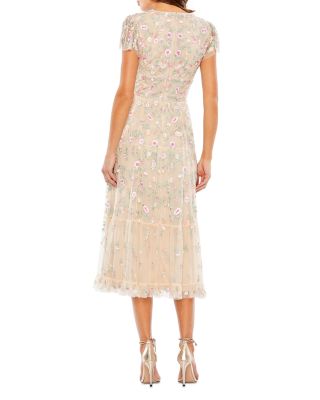 Embroidered V Neck Cap Sleeve Midi Dress