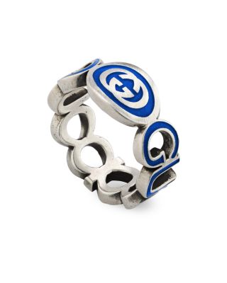 Sterling Silver Interlocked G Blue Enamel Logo Ring