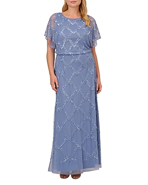 Adrianna Papell Plus Beaded Blouson Gown In French Blue