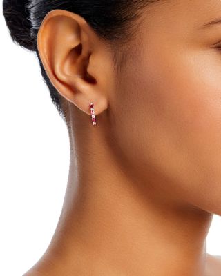 Ruby & Diamond Huggie Hoop Earrings in 14K Yellow Gold 