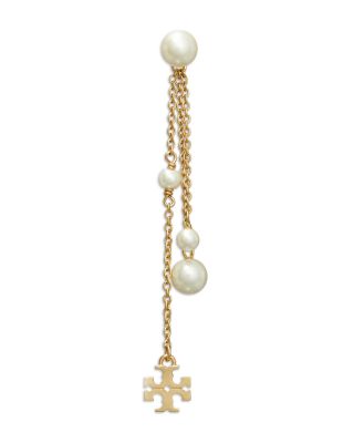 Kira Logo & Imitation Pearl Linear Drop Earrings in 18K Gold Plated