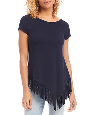 Karen Kane Asymmetric Fringe Jersey Top In Navy