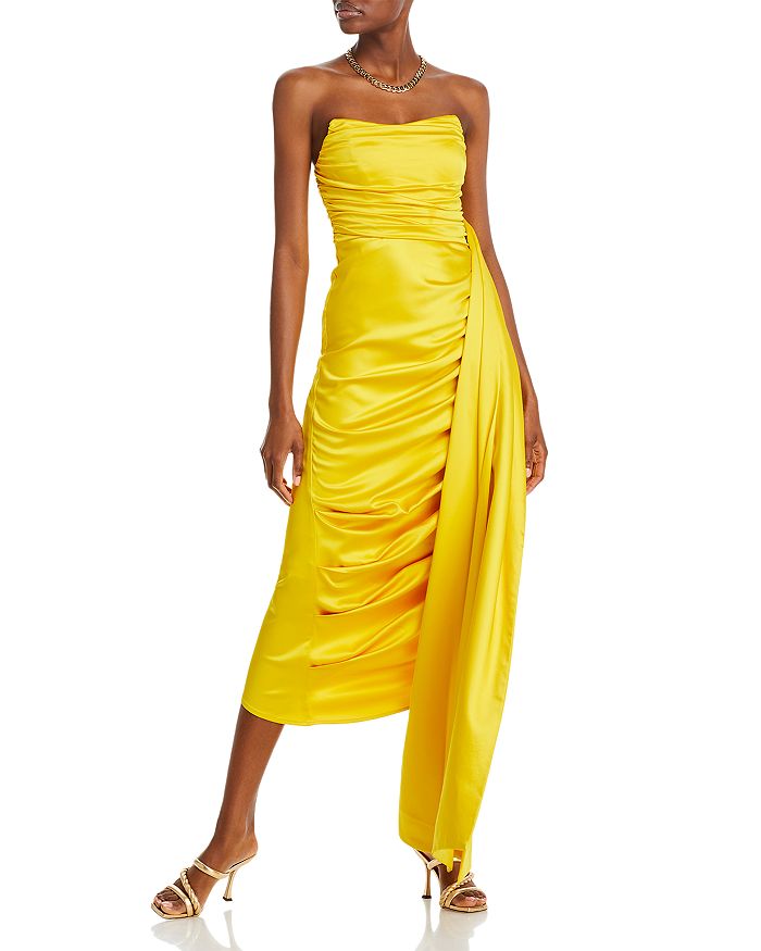YAURA Simisola Strapless Ruched Satin Midi Dress | Bloomingdale's