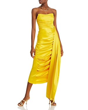 Yaura Simisola Strapless Ruched Satin Midi Dress In Yellow