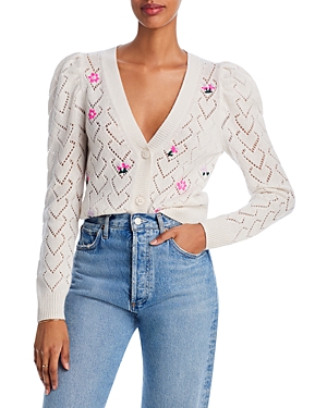 AQUA CASHMERE EMBROIDERED POINTELLE CASHMERE CARDIGAN - 100% EXCLUSIVE