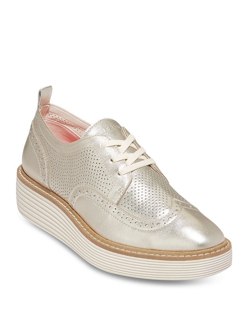Cole Haan Women's Lace Up Platform Brogue Wingtip Oxford Flats In Gold Talca