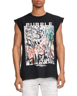 white graphic tee with purple