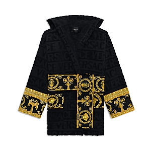 Versace I Heart Baroque Short Hooded Bath Robe In Black