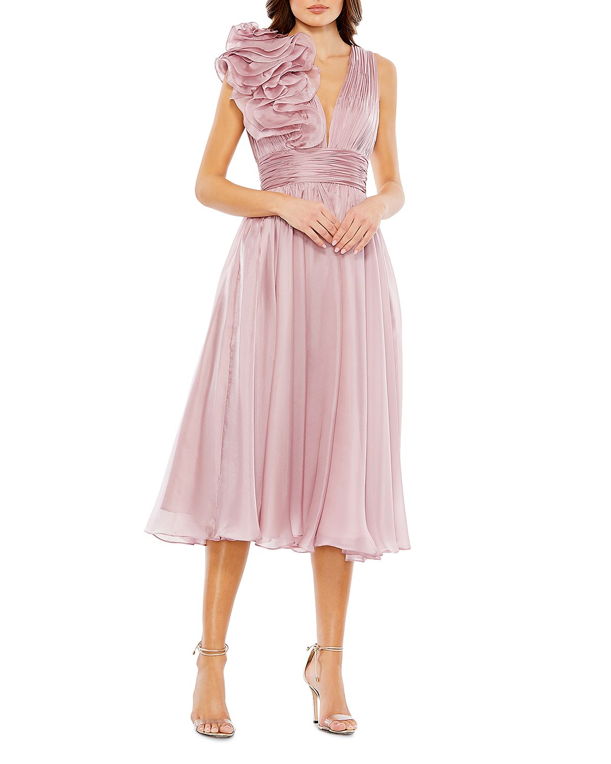 Mac Duggal Sleeveless Chiffon A-Line Tea Length Cocktail Dress