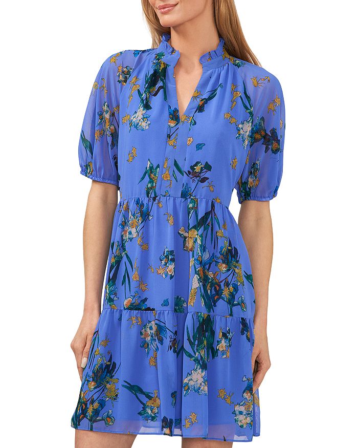 Floral Print Color Block Short Sleeve Babydoll Dress w/ Neckline Ties