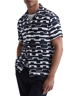 Shop Reiss Oakland Short Sleeved Abstract Print Shirt In Navy/white
