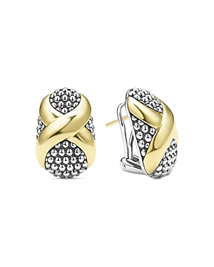 Shop Lagos 18k Yellow Gold & Sterling Silver Embrace X Oval Caviar Bead Omega Earrings In Silver/gold