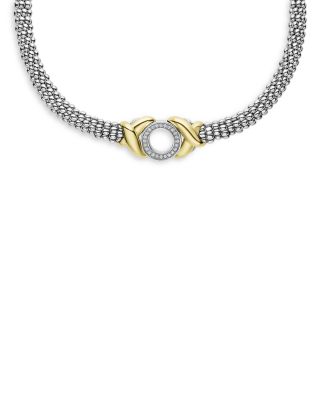 LAGOS - 18K Yellow Gold & Sterling Silver Embrace Diamond XO Beaded Collar Necklace, 15"