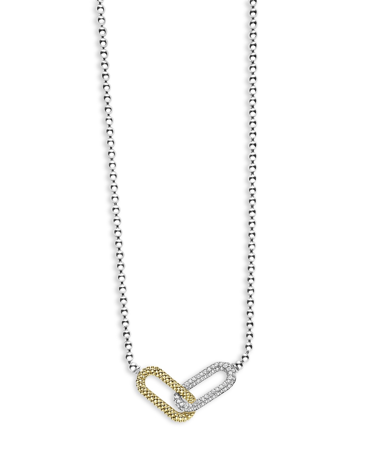 18K Yellow Gold & Sterling Silver Caviar Lux-Clip Diamond Bead Link Necklace, 16-18"
