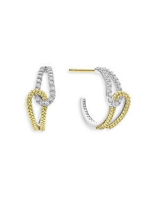 18K Yellow Gold & Sterling Silver Caviar Lux-Clip Diamond Loop Huggie Hoop Earrings - Exclusive